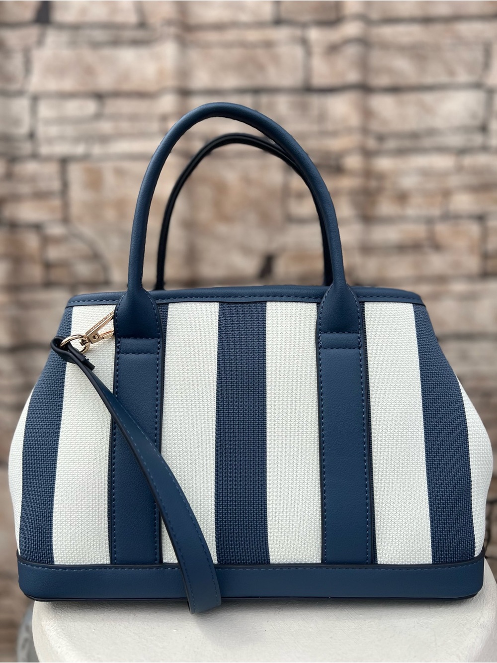 Nanette Lepore Navy & Cream Striped Satchel with Gold Accents - Picture 3 of 7